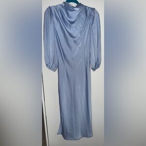 Boohoo Dusty Blue Long Sleeve Puff-Sleeve Midi Dress